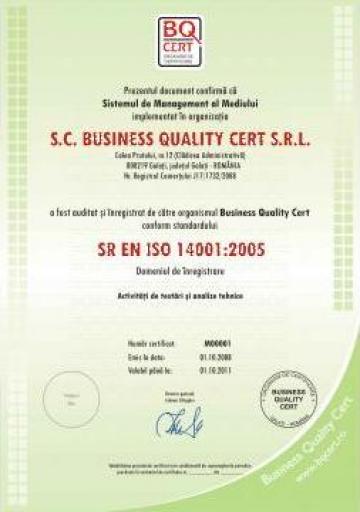 Certificat mediu conform SR EN ISO 14001:2005 de la Business Quality Cert S.r.l.
