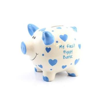 Pusculita din ceramica My First Piggy Bank cu inimioare bleu de la Krbaby.ro - Cadouri Bebelusi