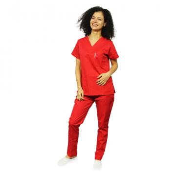 Costum medical rosu, bluza cu anchior in V, trei buzunare
