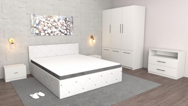 Dormitor Milano alb cu dulap alb, comoda TV alba, pat