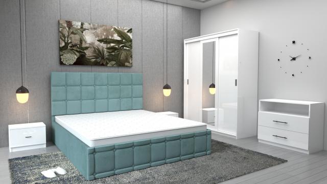 Dormitor Regal turcoaz alb cu comoda TV alba, dulap Royal