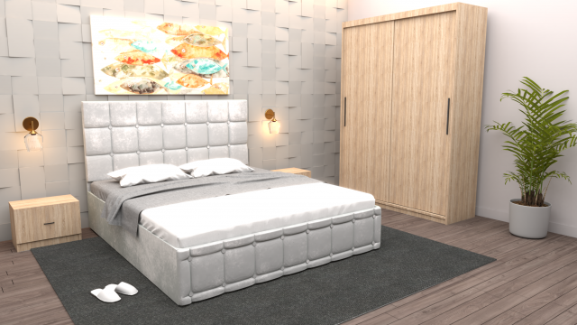 Dormitor Regal cu pat tapitat alb stofa cu dulap de la Wizmag Distribution Srl