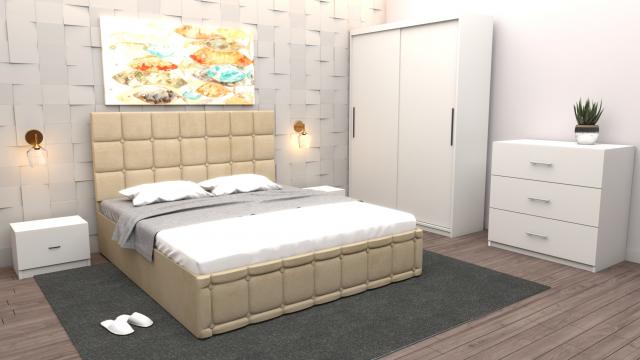 Dormitor Regal cu pat tapitat bej stofa cu dulap de la Wizmag Distribution Srl
