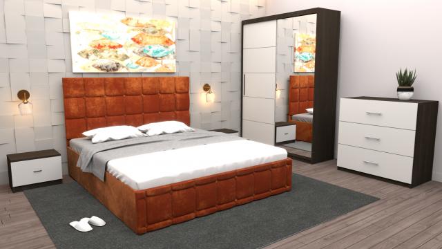 Dormitor Regal cu pat tapitat caramiziu stofa cu dulap de la Wizmag Distribution Srl
