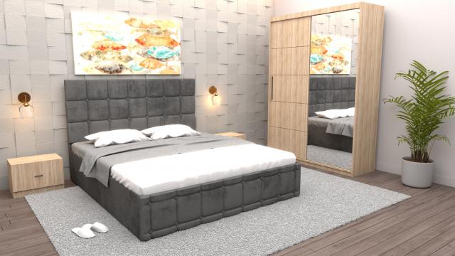 Dormitor Regal cu pat tapitat gri stofa cu dulap de la Wizmag Distribution Srl