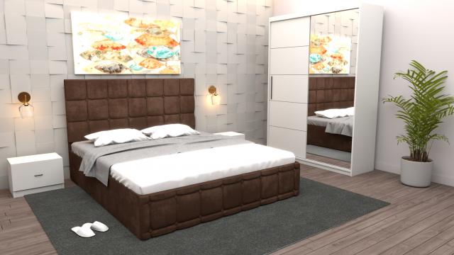 Dormitor Regal cu pat tapitat maro stofa cu dulap