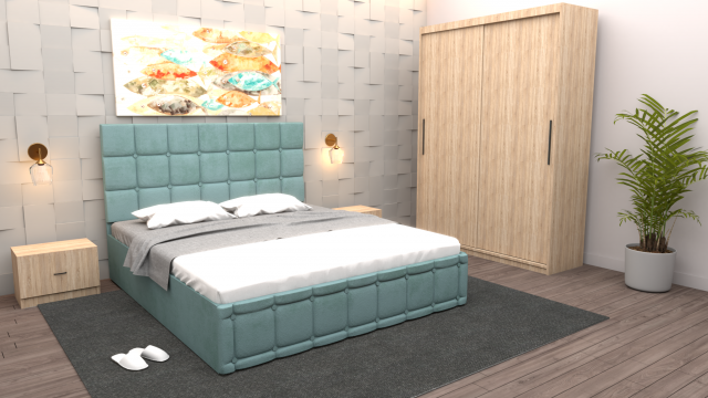 Dormitor Regal cu pat tapitat turcoaz stofa cu dulap usi de la Wizmag Distribution Srl