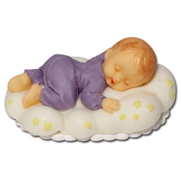 Figurina Bebe dormind pe norisor mov din pasta de zahar de la Lumea Basmelor International Srl