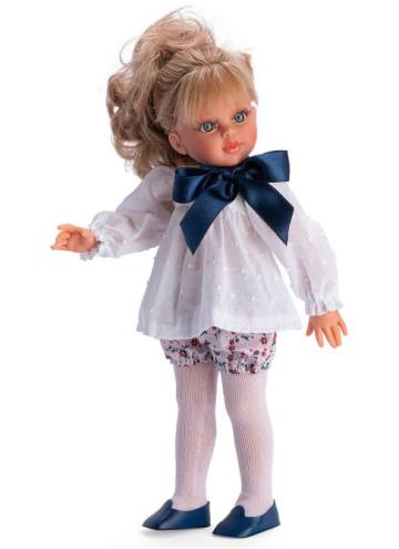 Papusa Sabrina blonda cu camasa alba cu funda 40cm