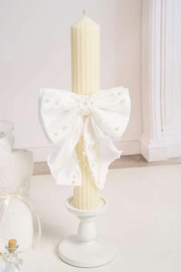 Lumanare botez A33 cu funda eleganta si perle - alb-ivoire de la Andreeatex