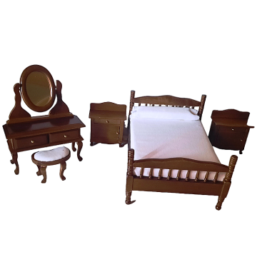 Miniatura casute papusi Dormitor complet 5 piese lemn nuc
