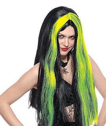 Peruca petrecere de vrajitoare negru cu verde Fluo Halloween de la Hobbyplanet Romania