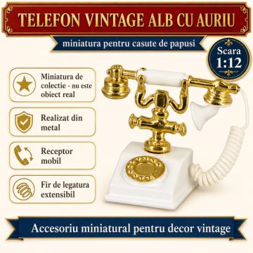 Miniatura casute de papusi Telefon vintage alb cu auriu